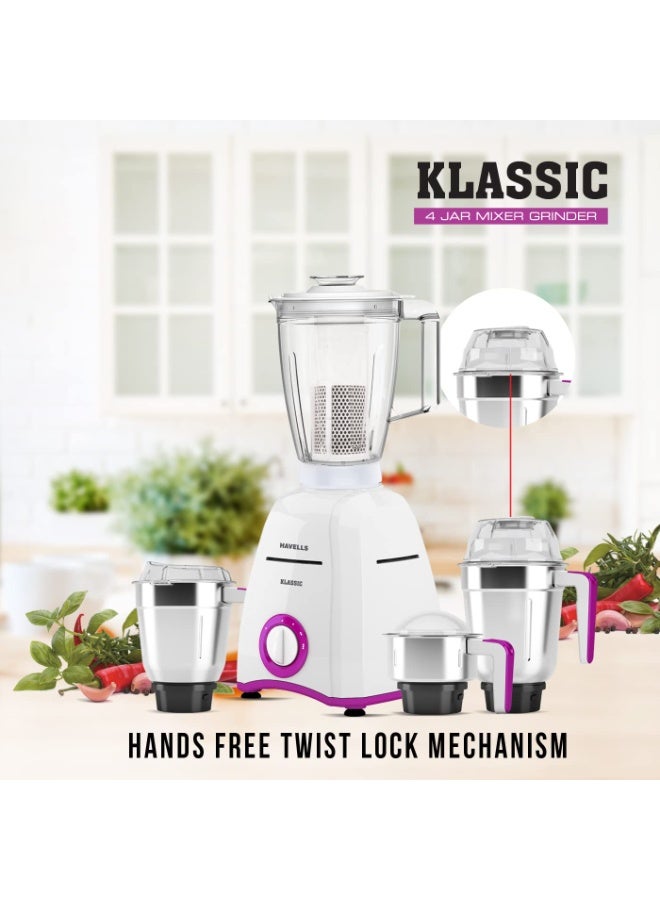 هافلز Havells Klassic 750 watts 4 Jar Mixer Grinder with 304 SS Blades, Large Size SS Jars, Break Resistant Polycarbonate Transparent Jar Lids With Twist & Lock Mechanism - Image 2